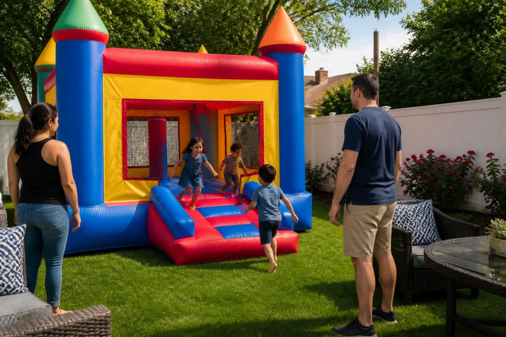 Children playing in a colorful inflatable bounce house in a backyard with family members supervising nearby, bright summer afternoon light