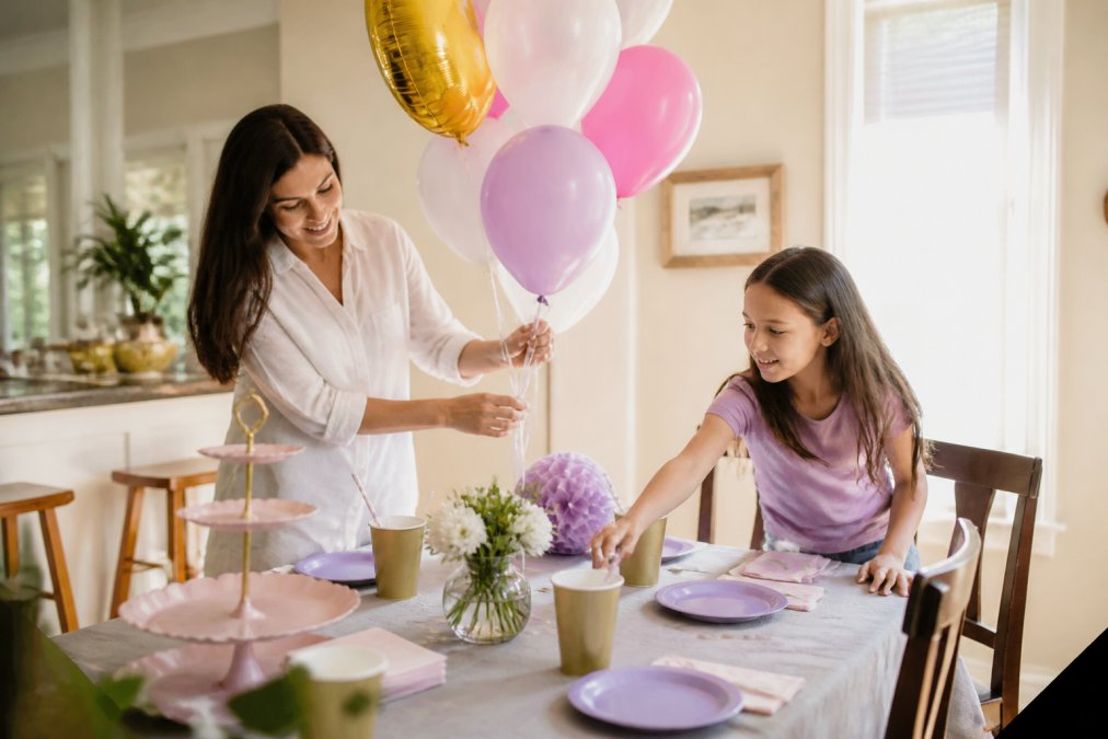 Parent and child arranging balloon bouquets and tableware on a decorated party table indoors, natural window lighting