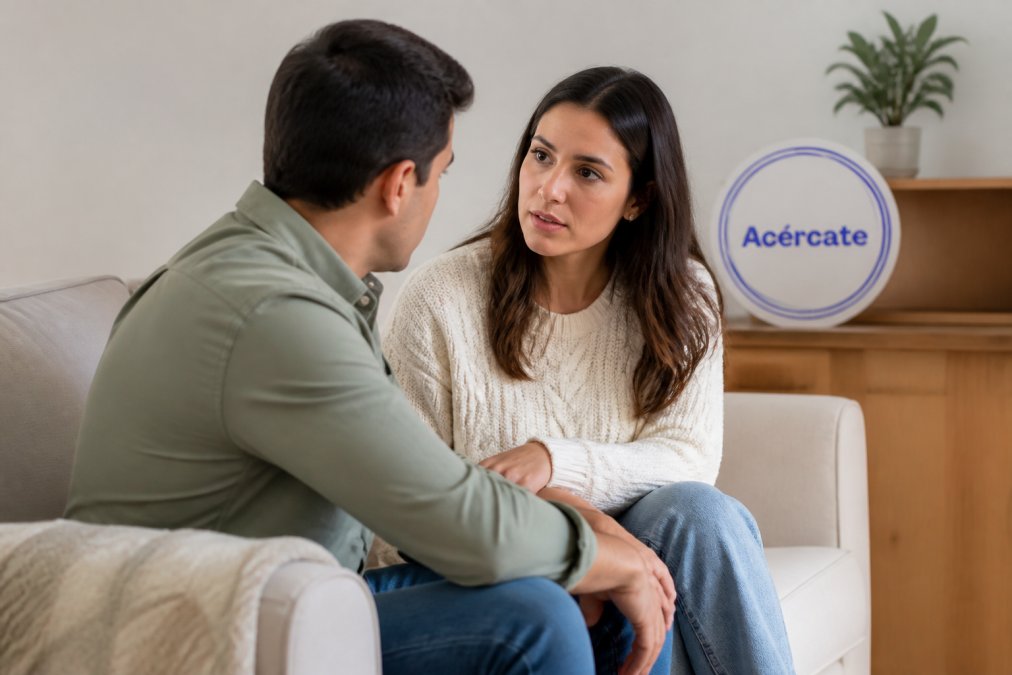 Pareja teniendo una conversación seria y respetuosa en un espacio privado y cómodo, mostrando comunicación abierta y apoyo mutuo