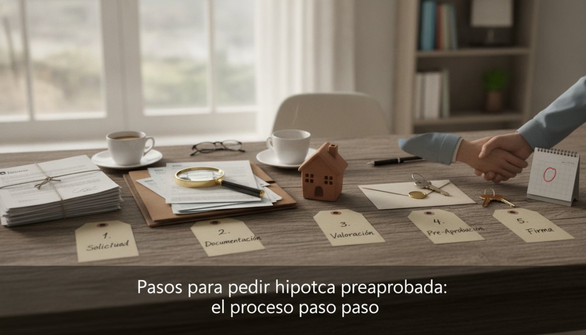 Persona joven de unos 30 años sentada en una mesa de trabajo ordenada revisando documentos financieros impresos, con un portátil abierto mostrando una calculadora de cuota mensual, un cuaderno de notas y un bolígrafo al lado, iluminación natural de ventana lateral