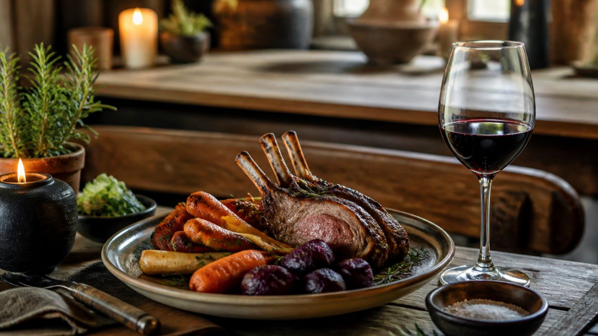 Grillat lamm med rostade rotfrukter och ett glas rött vin på ett rustikt dukat träbord i hemmiljö.