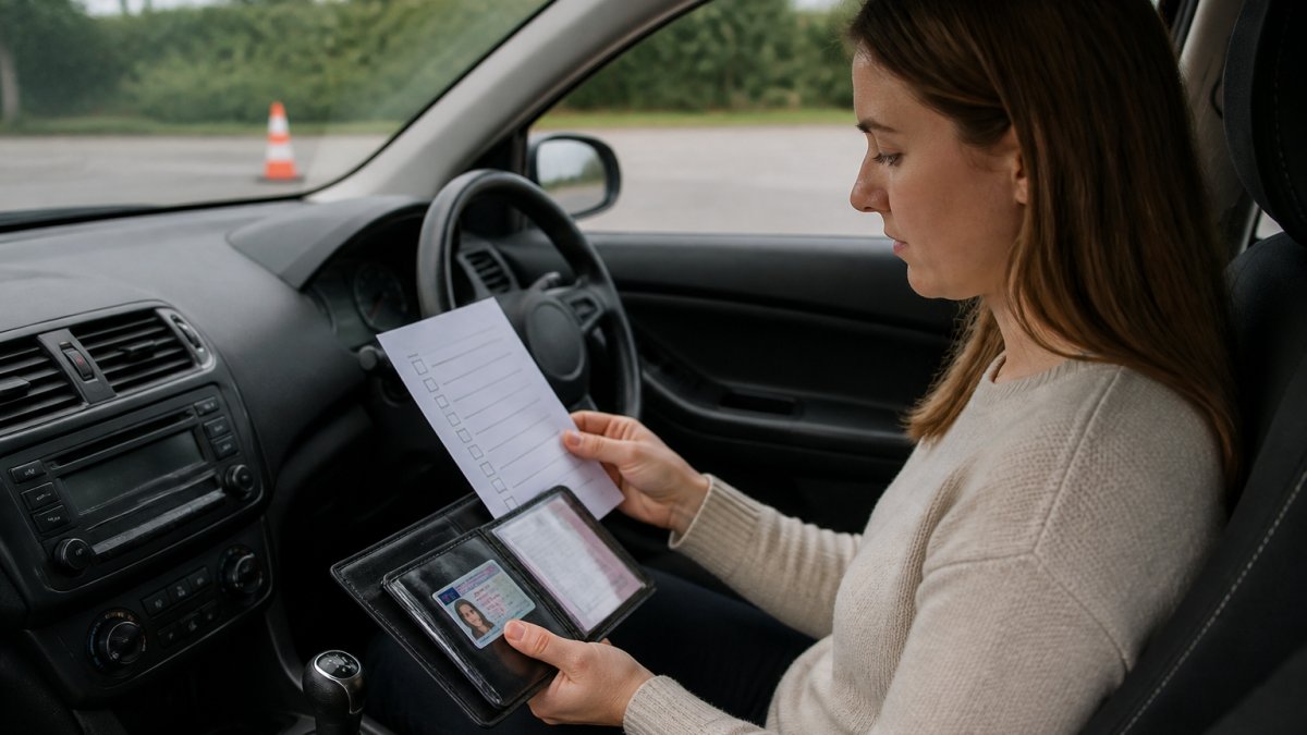 A learner driver sitting in the driver's seat of a car, checking documents and a printed checklist on the dashboard before a driving test, with a calm and focused expression