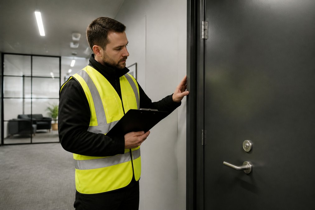 Fire safety technician inspecting a fire-rated door seal as part of passive fire protection maintenance in an office.