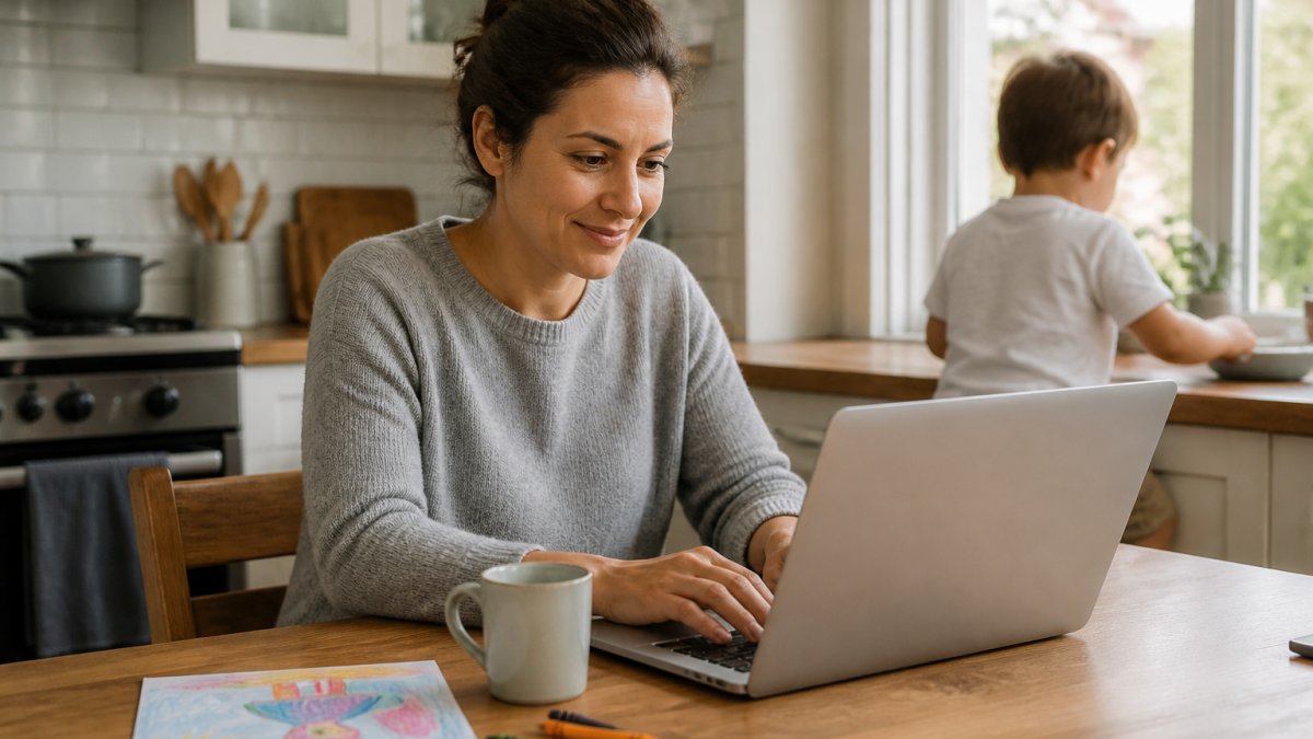 A stay-at-home parent working on a laptop at a kitchen table, a child's crayon drawing and a mug of tea beside the keyboard, soft morning light through the window