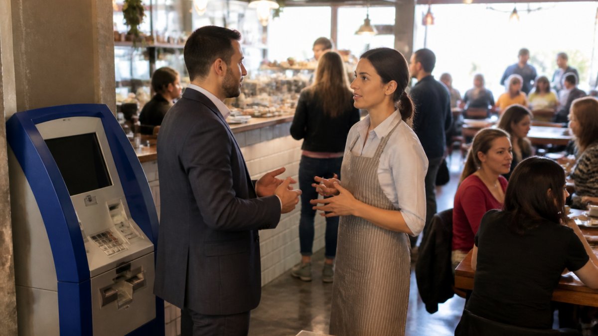 Business owner and restaurant manager discussing ATM placement inside a busy cafe during peak afternoon hours, with customers visible at tables and the counter