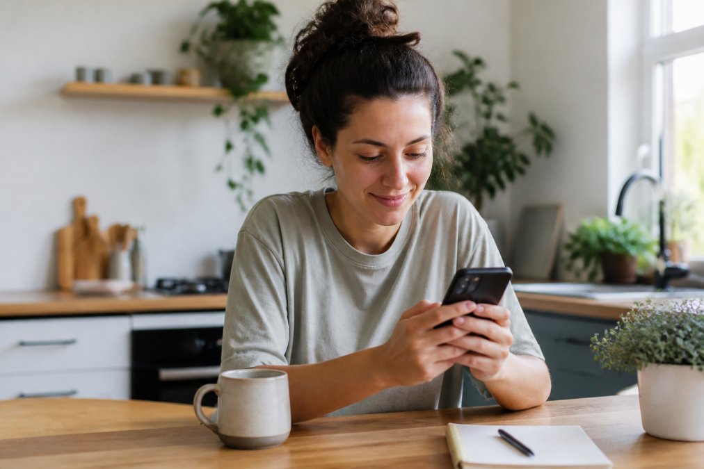 A woman sitting at a kitchen table in casual clothing, using a smartphone to manage a social media account, with a coffee mug nearby and soft natural light streaming through a window behind her, conveying a relaxed, low-effort daily routine