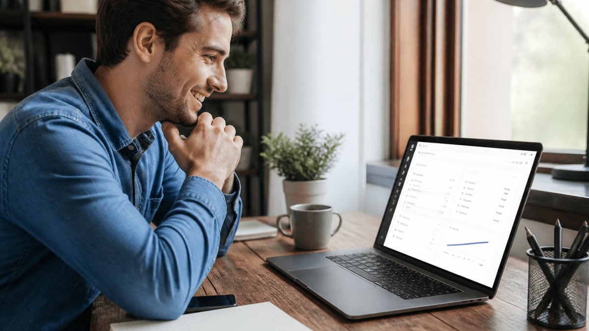 Young professional sitting at home office desk, laptop open showing website dashboard, smiling while reviewing analytics, with notebook and coffee cup nearby, natural window lighting