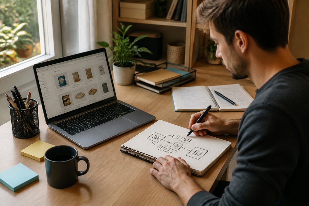 A digital entrepreneur at a tidy home desk mapping out a product funnel on a notebook beside a laptop showing an online store dashboard, morning light through the window
