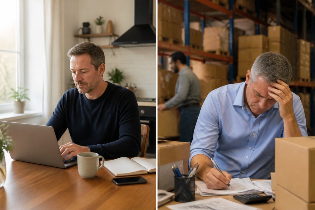 A person in their 40s working on a laptop at a kitchen table with a notebook and coffee nearby, calm home office setting with natural light