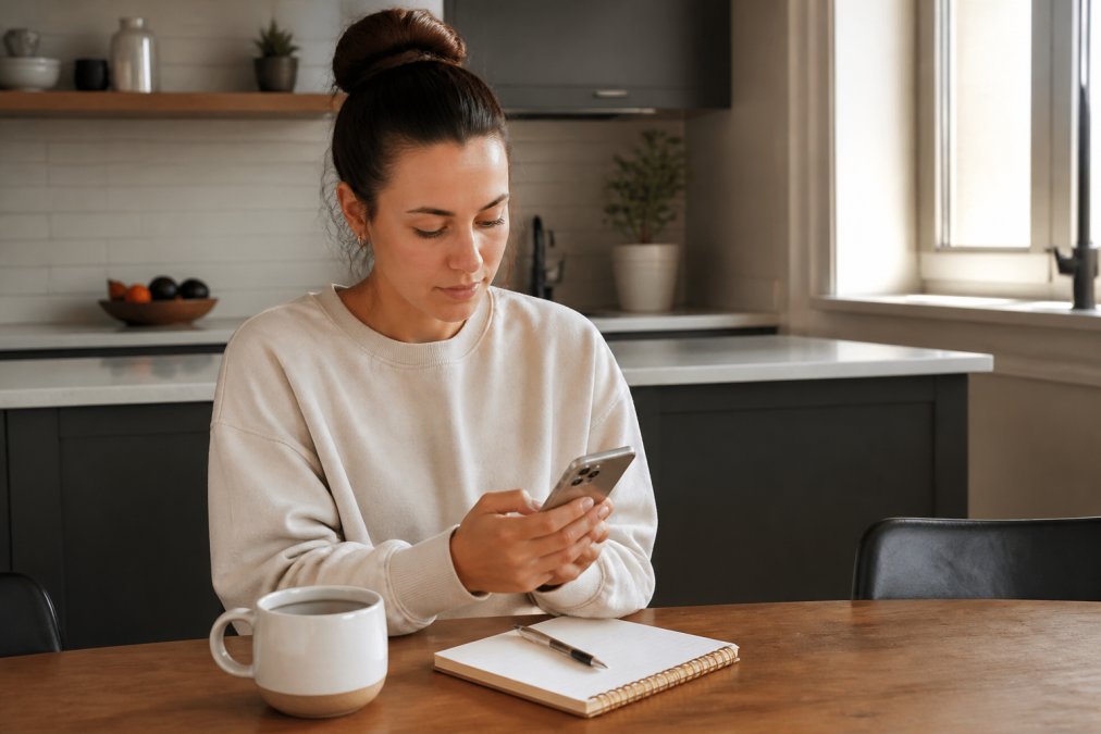 A woman sitting at a kitchen table with a smartphone in hand, scrolling through Instagram, with a coffee mug and notebook nearby, natural morning light