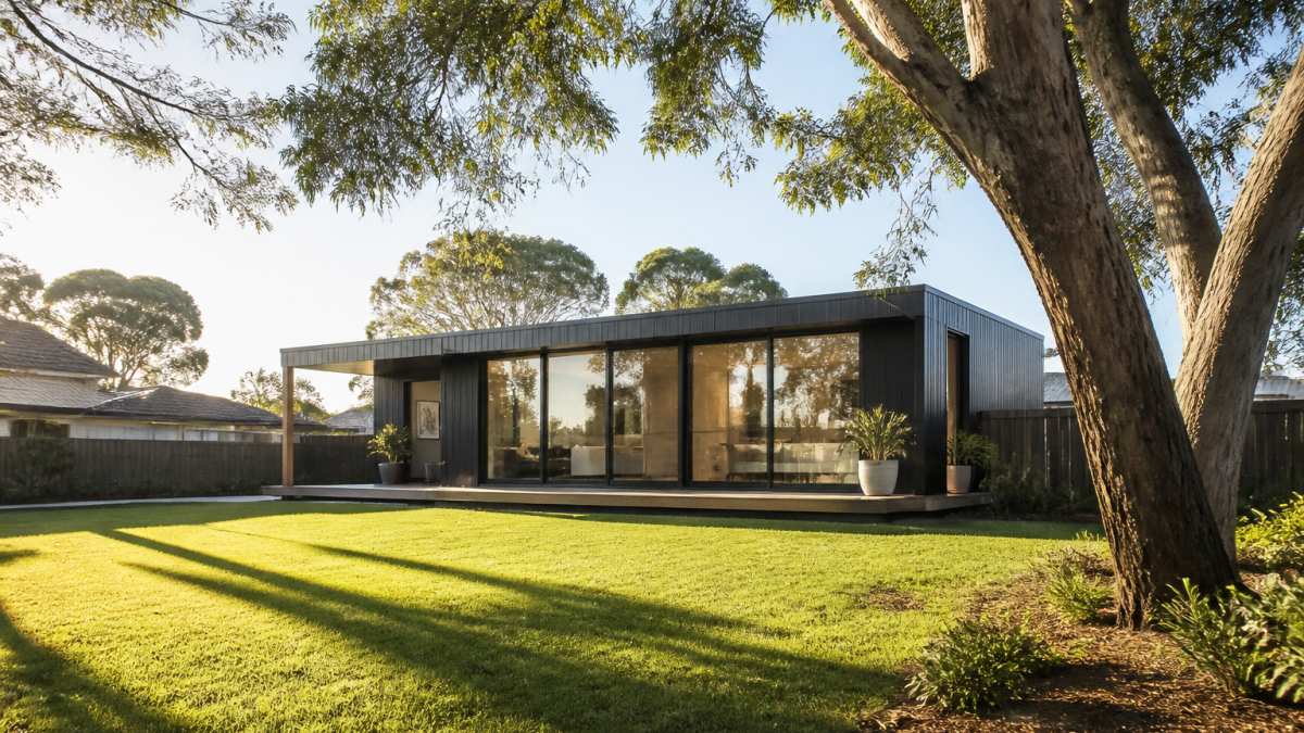Modern modular home positioned on a WA residential block with north-facing windows capturing morning sunlight, showing the building's orientation relative to surrounding landscape and mature trees providing summer shade