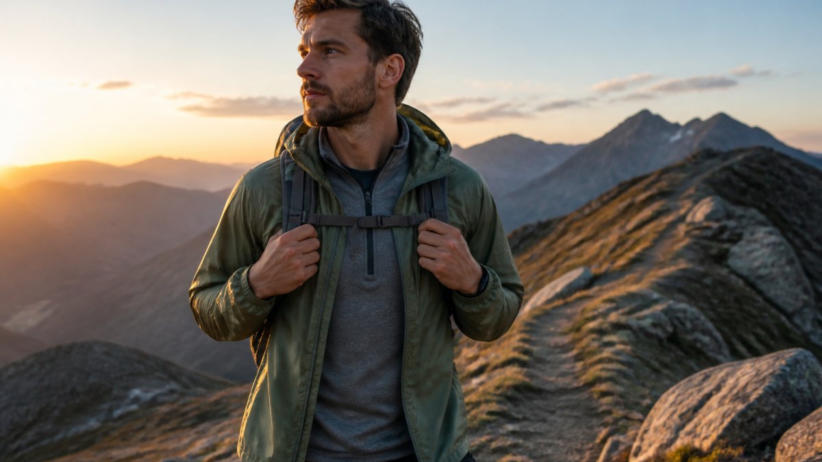 A hiker in a lightweight windbreaker standing on a ridge trail at golden hour, layered over a quarter-zip pullover, with a daypack and rocky mountain terrain behind them
