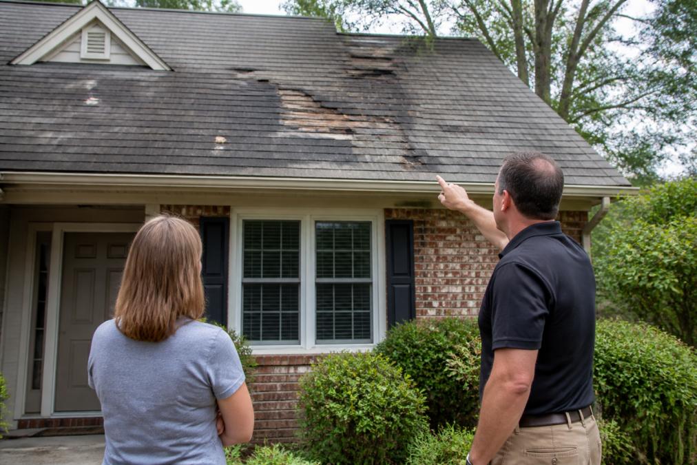 Homeowner and professional roofer standing in front of a residential house, discussing roof damage while pointing at visible deteriorated areas on the roof structure