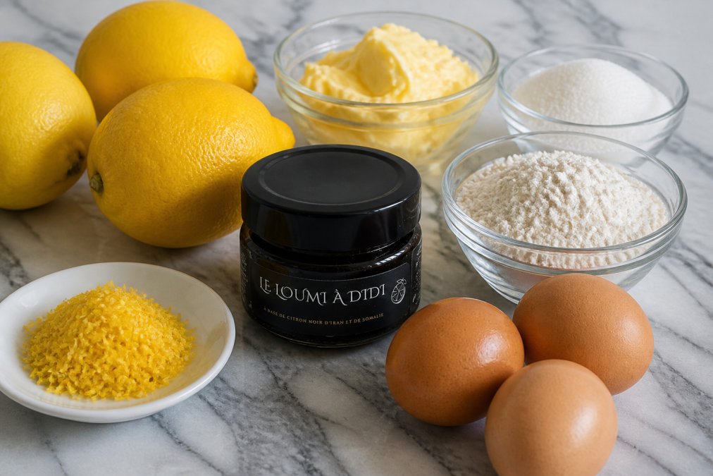 Close-up of fresh ingredients arranged on a marble countertop: bright yellow lemons with visible zest, softened butter in a glass bowl, white sugar crystals, all-purpose flour, farm-fresh eggs, and a small dish of finely grated lemon zest in bright natural light