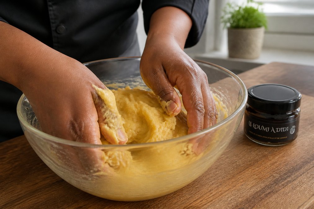 Pastry chef's hands kneading pale yellow lemon paste in a glass mixing bowl, showing smooth and homogeneous texture, natural kitchen lighting from a nearby window