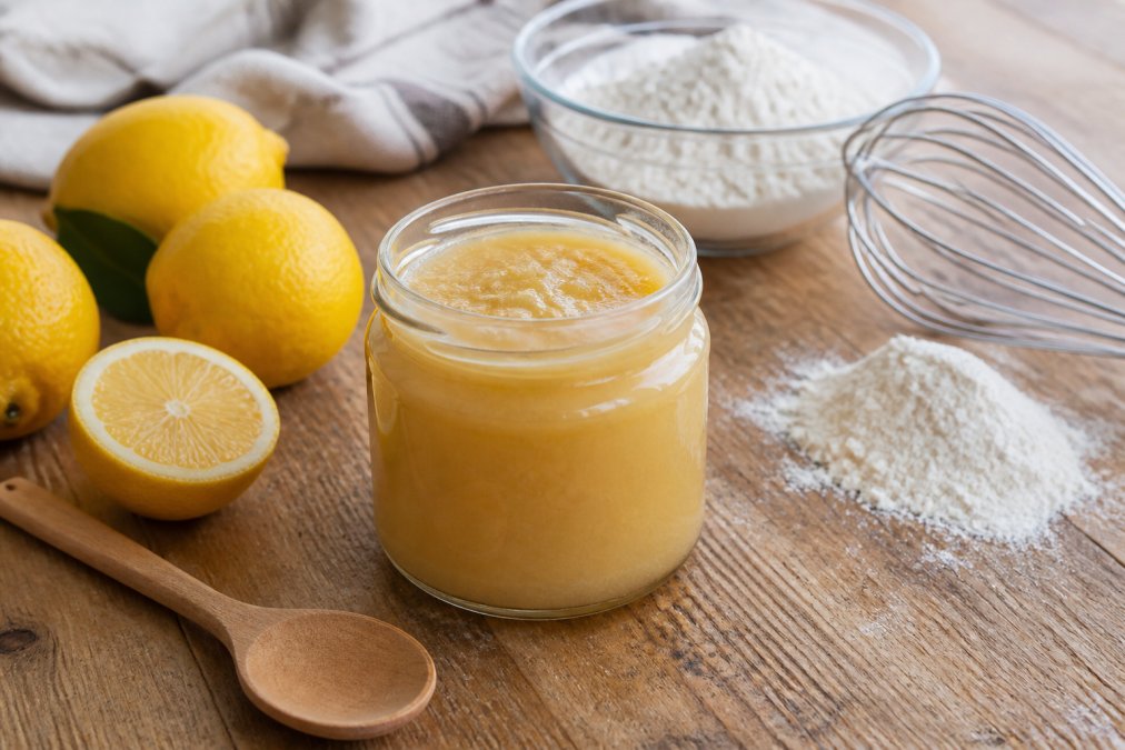 Un pot en verre ouvert de pâte de citron blanc avec une cuillère en bois à côté, posé sur un plan de travail en bois avec des citrons frais, de la farine et un fouet, lumière naturelle du jour