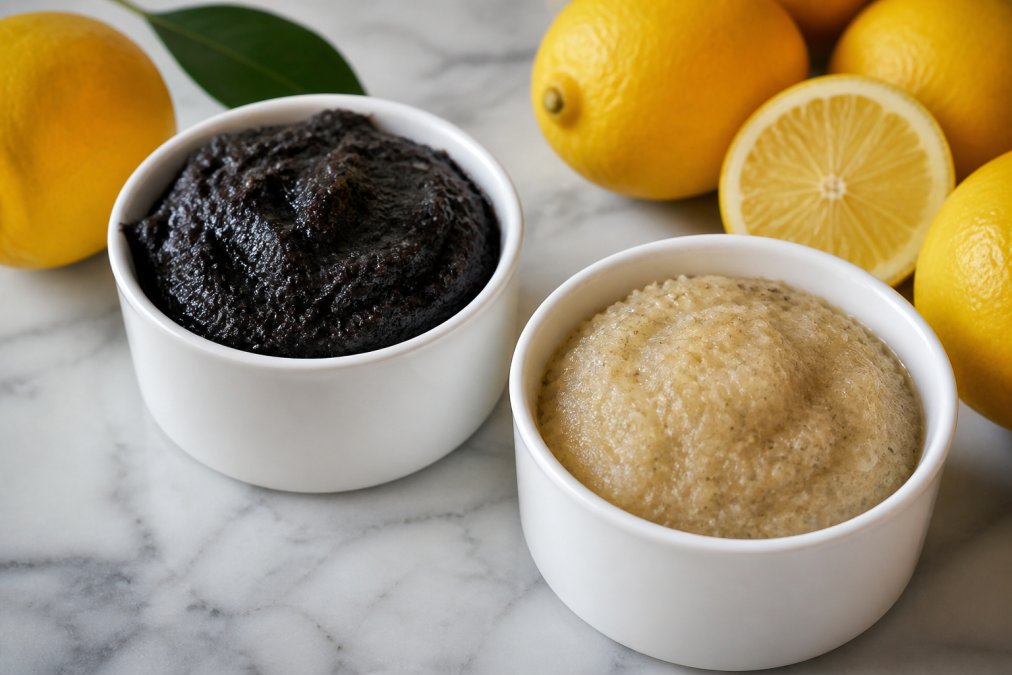 Gros plan des deux pâtes de citron (noire et blanche) dans des petits bols en céramique blanc pur, avec des citrons frais entiers à côté, photographiés en lumière naturelle douce sur une surface en marbre blanc avec ombres subtiles