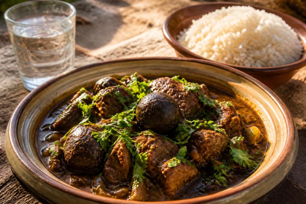 Plat fini montrant un ragoût marocain riche avec la pâte de citron noir intégrée, garni de coriandre fraîche verte brillante, photographié en lumière chaude dorée avec un bol de riz basmati blanc à côté et un verre d'eau fraîche
