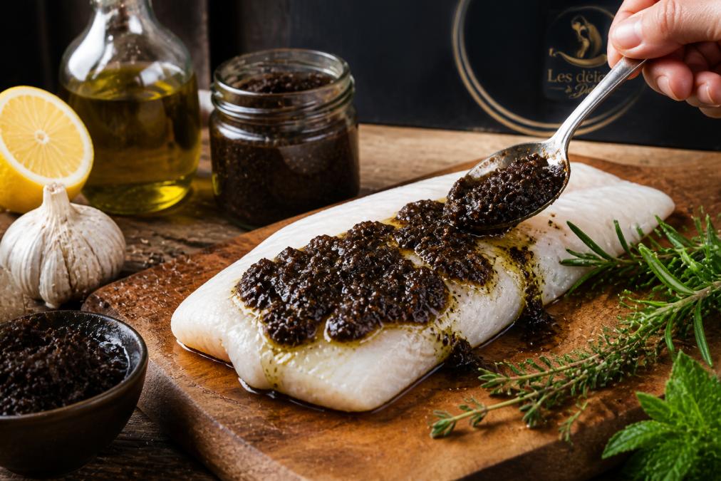 Close-up of a white fish fillet being coated with a dark, thick citron noir paste using a spoon, with olive oil and fresh herbs on a rustic wooden board