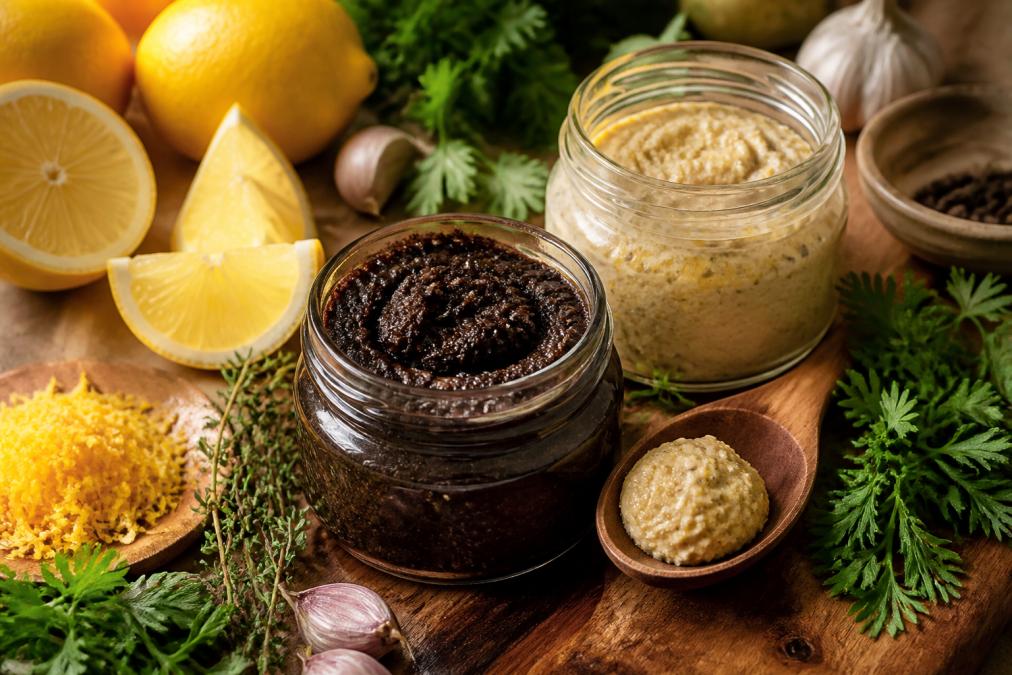 Bocaux artisanaux de pâte de citron noir et blanc disposés avec des herbes fraîches, du zeste de citron et une cuillère en bois sur un plan de travail, suggérant la préparation culinaire