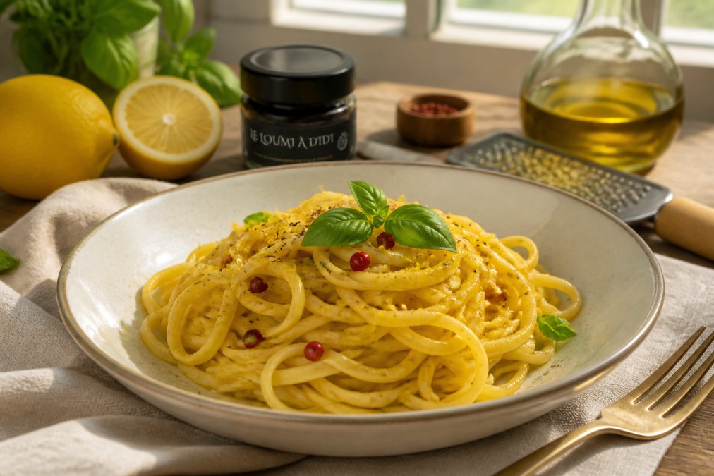 Assiette de pâtes tagliolini au citron fraîchement préparées, garnies de zeste frais et de basilic vert vibrant, avec une goutte d'huile d'olive vierge extra et quelques grains de poivre rose, éclairage naturel chaud d'une fenêtre