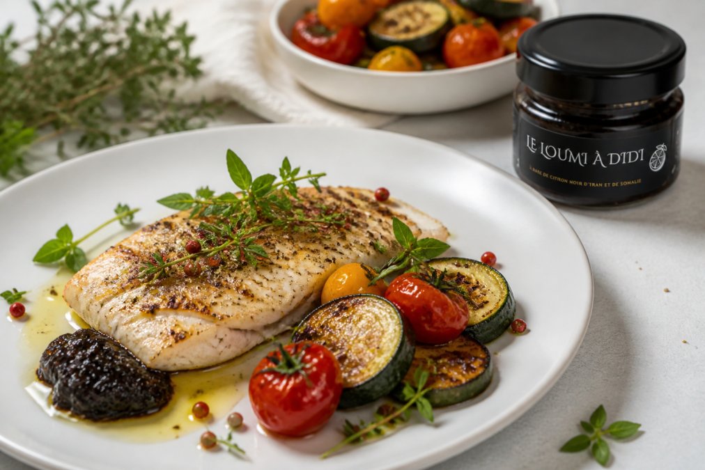 Filet de poisson blanc grillé avec une cuillerée généreuse de pâte de citron artisanale en accompagnement, entouré de légumes rôtis (courgettes, tomates cerises), herbes aromatiques fraîches et baies roses, présentation gastronomique sur assiette blanche
