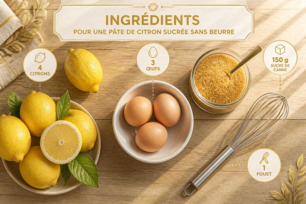 Vue de dessus d'une table en bois rustique avec des citrons jaunes non traités, trois œufs frais dans un bol en céramique blanche, un pot de sucre de canne doré et un fouet en inox posés élégamment sous une lumière naturelle douce venant d'une fenêtre