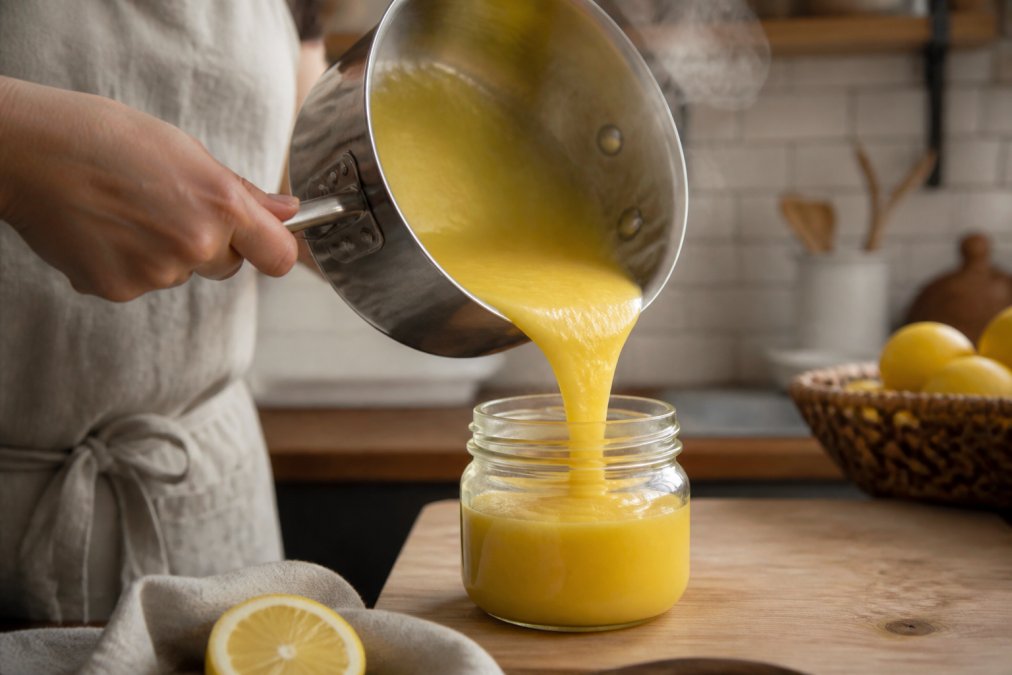 Mains versant un lemon curd crémeux et jaune vif depuis une casserole en inox dans un pot en verre à bord large, légère vapeur visible, fond de cuisine artisanale avec carrelage blanc et bois chaud