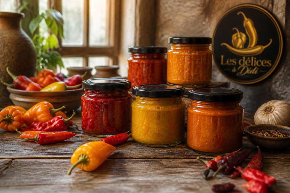 Assortiment de pots de pâte de piment artisanale colorés sur une table en bois rustique avec des piments frais.