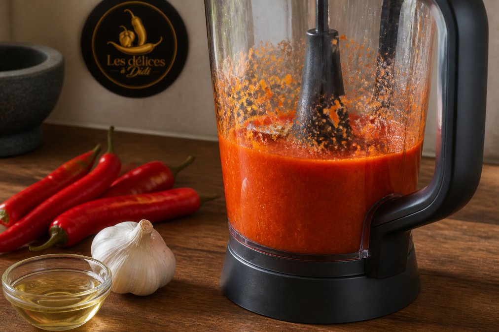 Mixeur contenant une pâte de piment maison avec des piments frais, de l'ail et de l'huile sur un plan de travail.