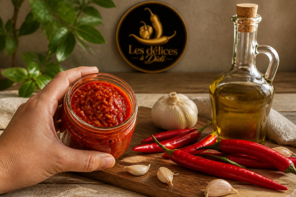 Main tenant un pot de pâtes de piment artisanales entouré de piments frais, d'ail et d'huile sur une table en bois.