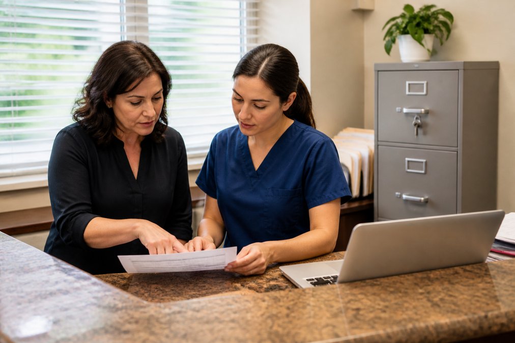A solo healthcare practice owner and a staff member reviewing a printed compliance checklist at a front desk, with a laptop open to a patient portal and a locked filing cabinet visible in the background