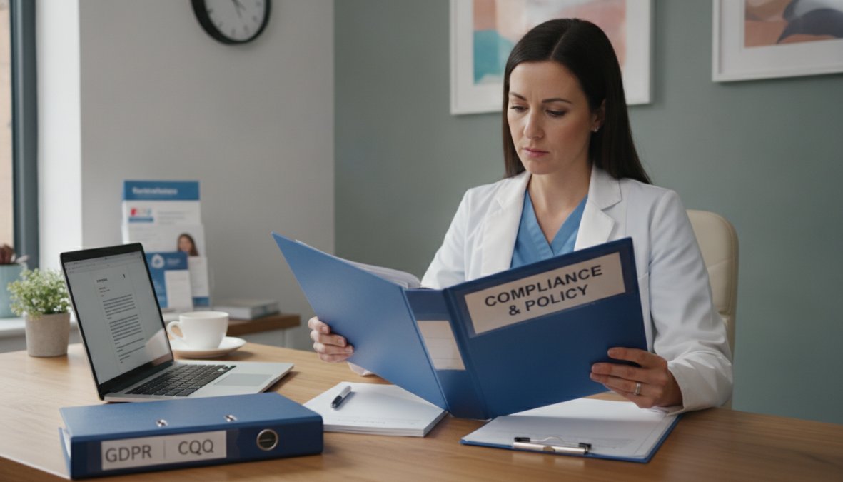 A healthcare professional in a professional UK clinic setting reviewing a printed GDPR compliance policy folder at a desk, with a laptop open beside them displaying a patient data management interface, warm office lighting