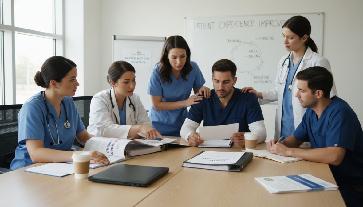 A diverse group of healthcare professionals gathered around a conference table in a clinic break room, engaged in a training session with printed materials and a laptop open on the table, natural daylight from a window