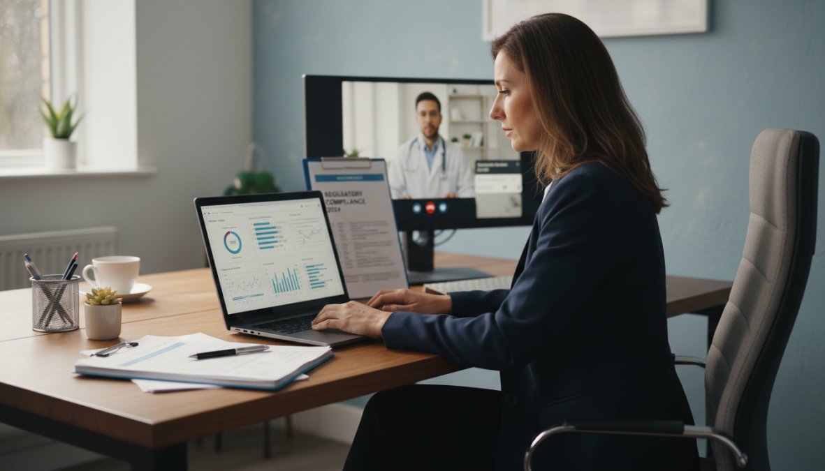 A practice administrator in a professional medical office reviewing billing analytics on a laptop, with a second monitor in the background showing a telehealth video call interface, warm overhead lighting and organized desk with medical billing documents