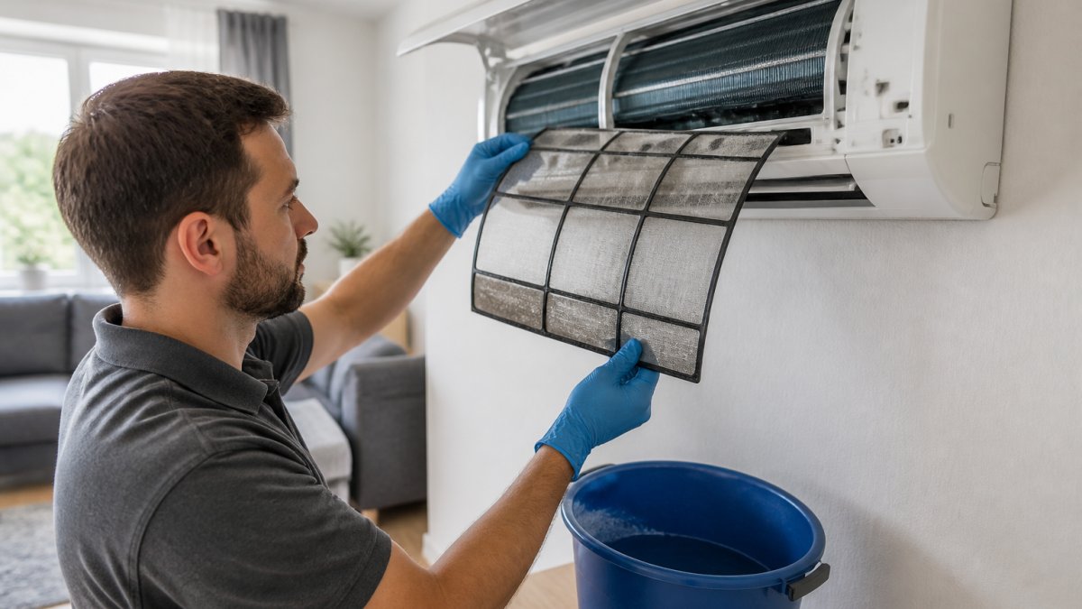 Close-up of a person removing and rinsing the dust filter from a white wall-mounted indoor air-to-air heat pump unit in a bright modern living room