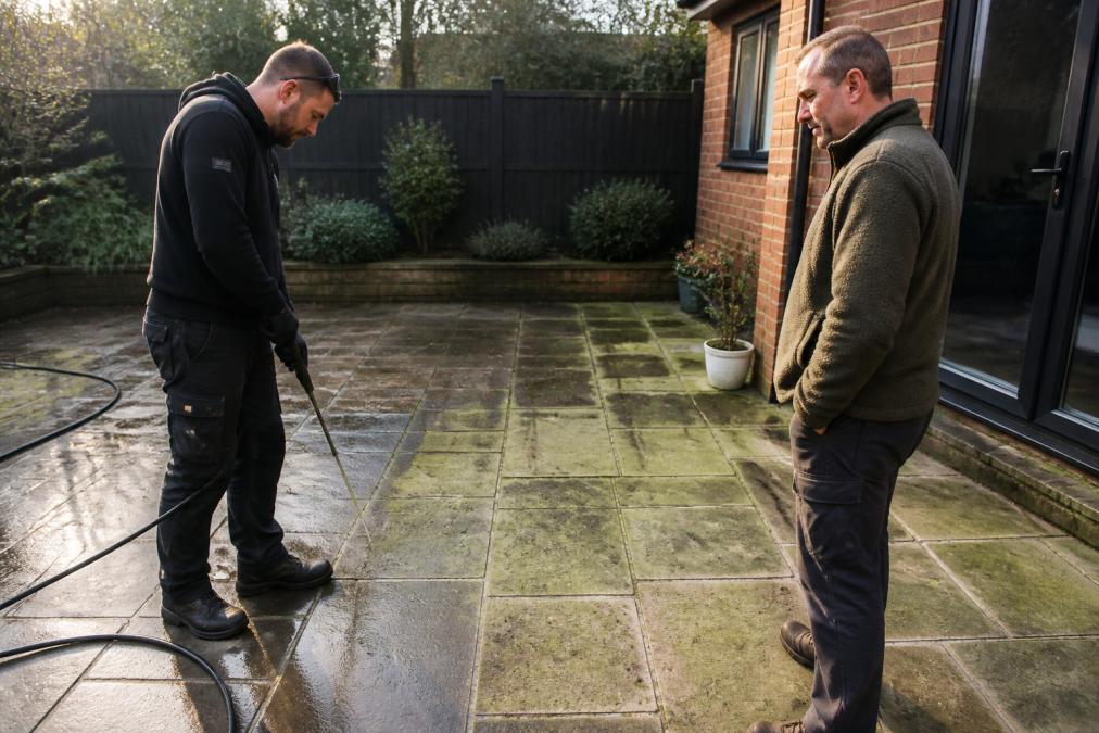 A weathered Indian sandstone patio in a Bolton back garden with visible green algae in the joints and dark spotting across the slabs, photographed in soft morning light