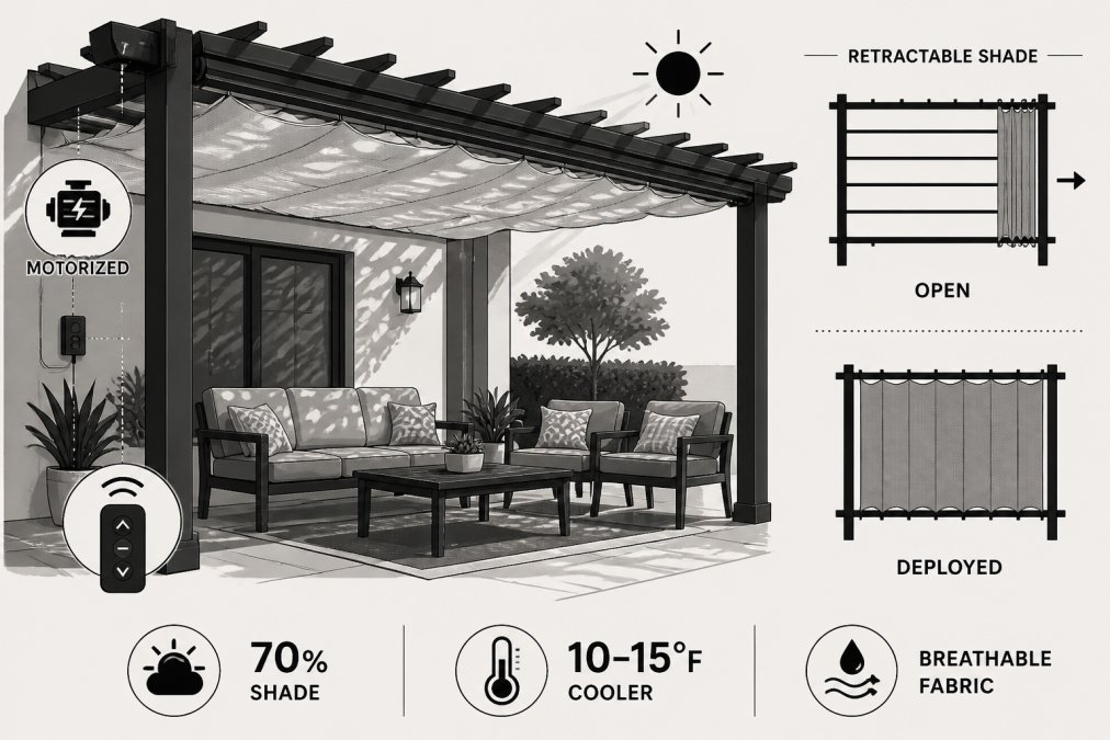 Residential pergola with motorized retractable shade cloth deployed over seating area with outdoor furniture, showing dappled light filtering through fabric in afternoon sunlight