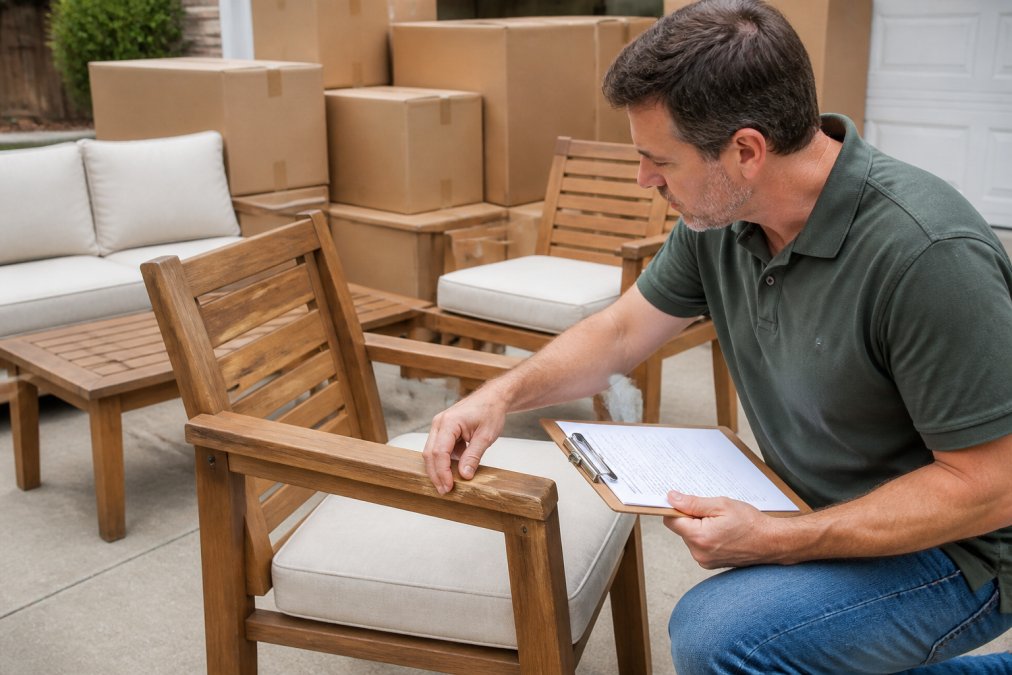 A homeowner inspecting a newly delivered patio furniture set on a driveway, examining a wooden chair for scratches or damage while holding a clipboard with the delivery receipt