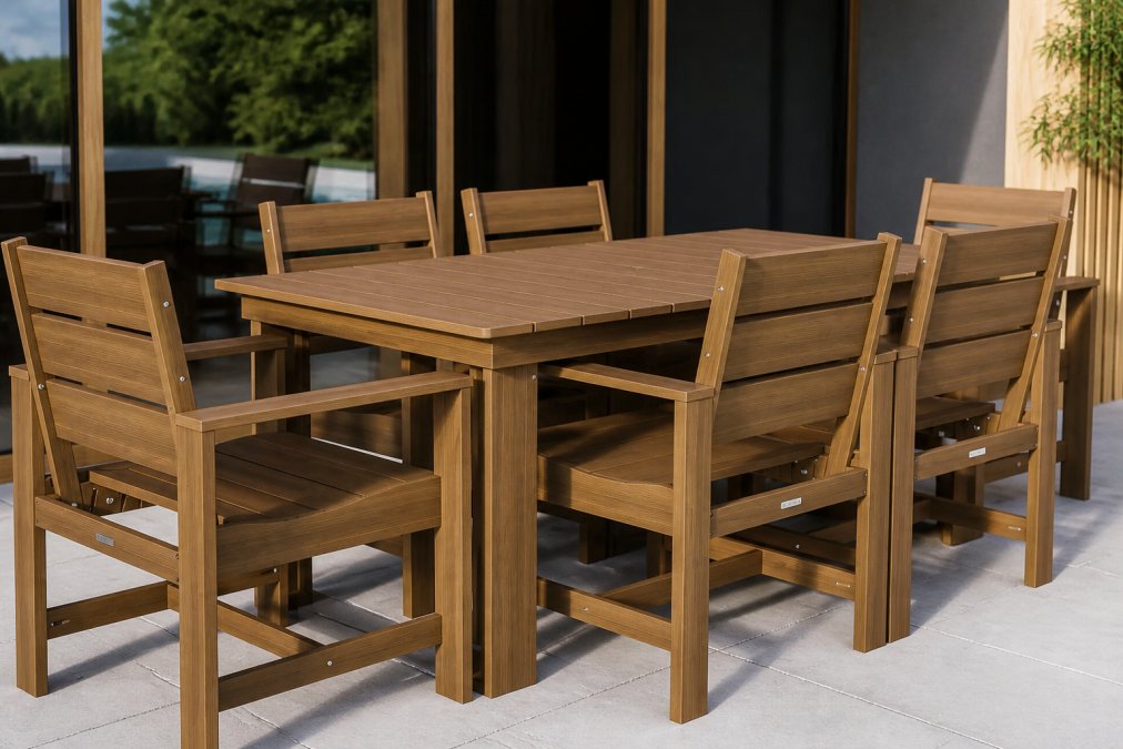 Close-up of well-maintained teak wood dining set showing rich grain and finish alongside HDPE poly furniture in natural outdoor lighting, demonstrating texture and durability differences