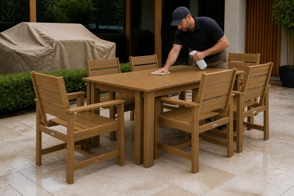 Homeowner cleaning and maintaining teak outdoor furniture with protective covers visible in background during seasonal care routine, demonstrating proper maintenance technique
