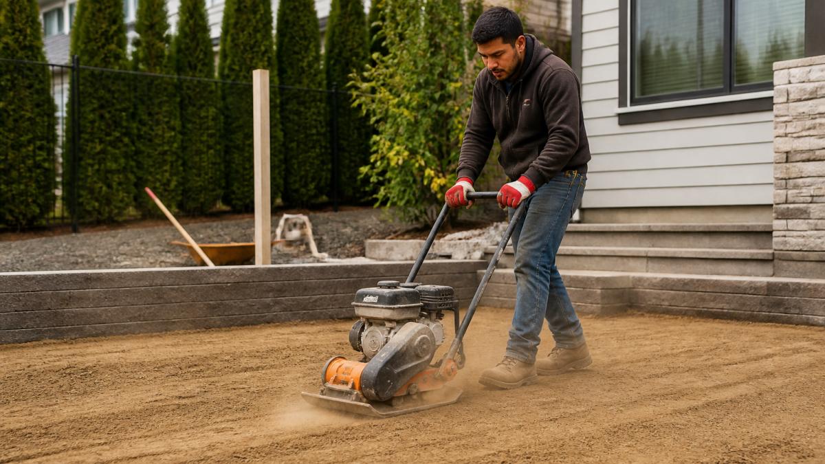 Professional operating a plate compactor on prepared soil base for patio installation, demonstrating proper compaction technique with visible soil dust and focused posture