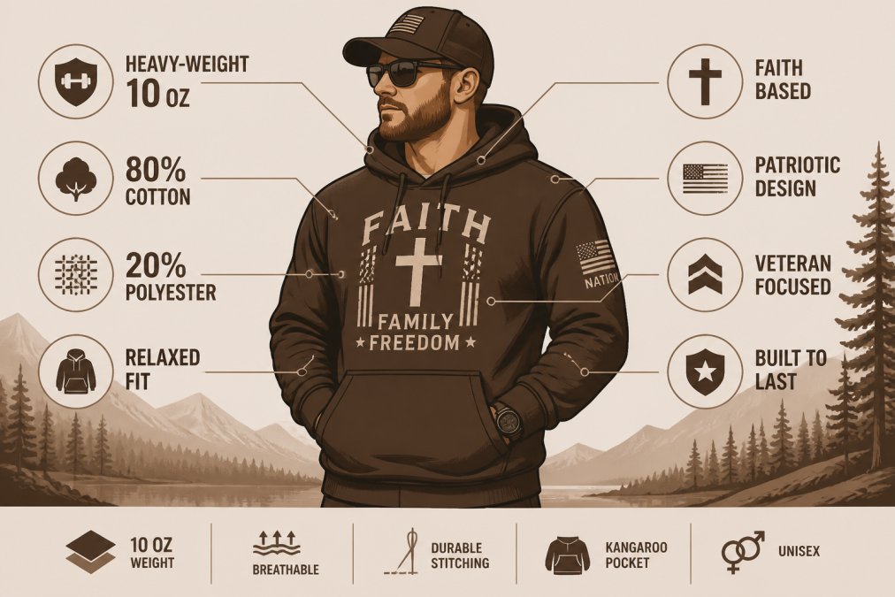 Person wearing a heavy-weight patriotic graphic hoodie outdoors in natural daylight, showing fit and comfort in casual setting with confident posture