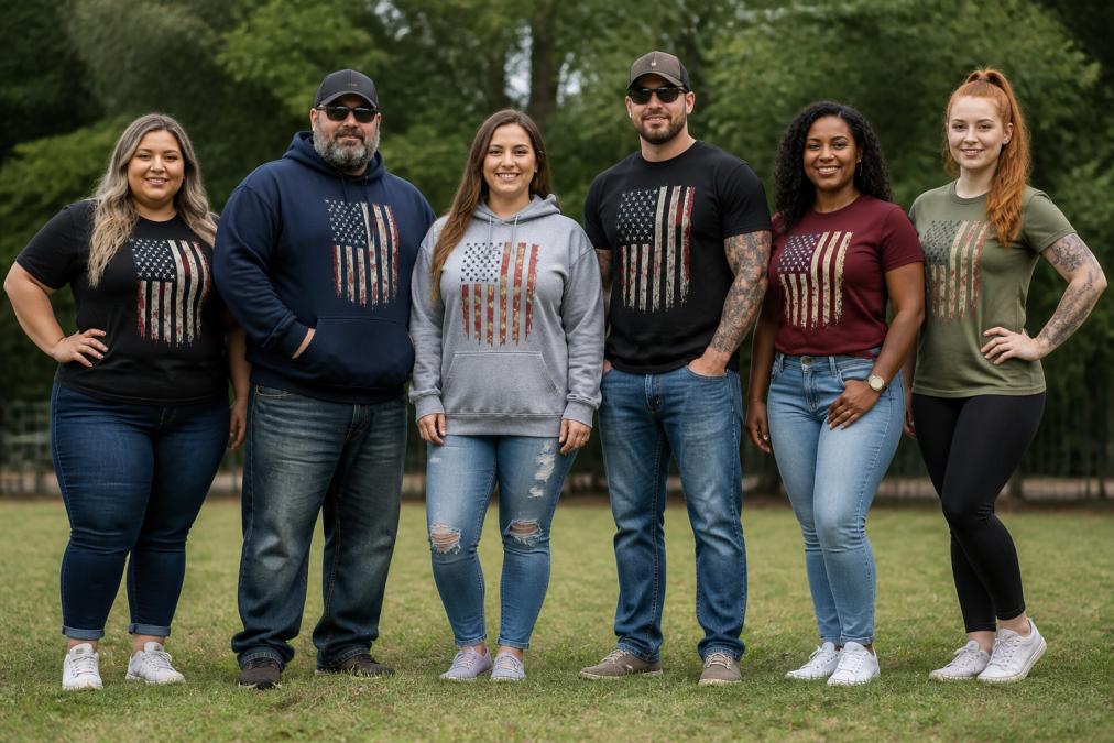 Group of diverse individuals wearing patriotic graphic tees and hoodies, displaying varied body types and sizes in casual outdoor setting with natural lighting