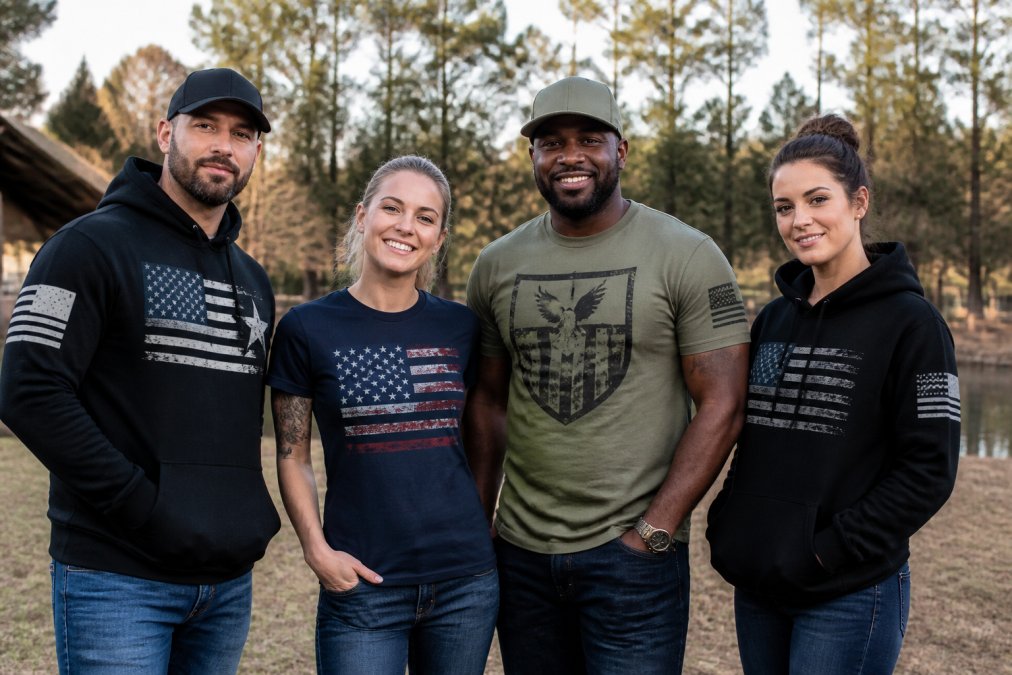 Diverse group of people wearing different patriotic apparel styles, hoodies, t-shirts, and tactical designs, standing together outdoors in natural daylight