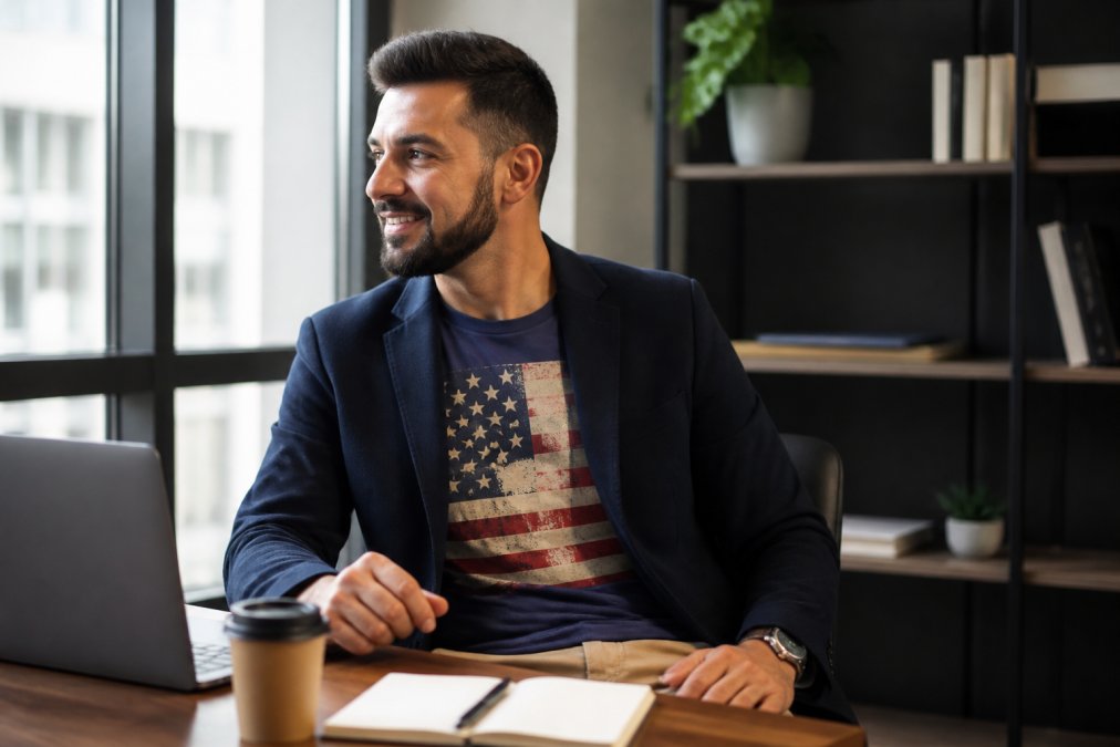 Professional wearing a patriotic graphic tee under a navy blazer with tailored chinos at a modern office desk