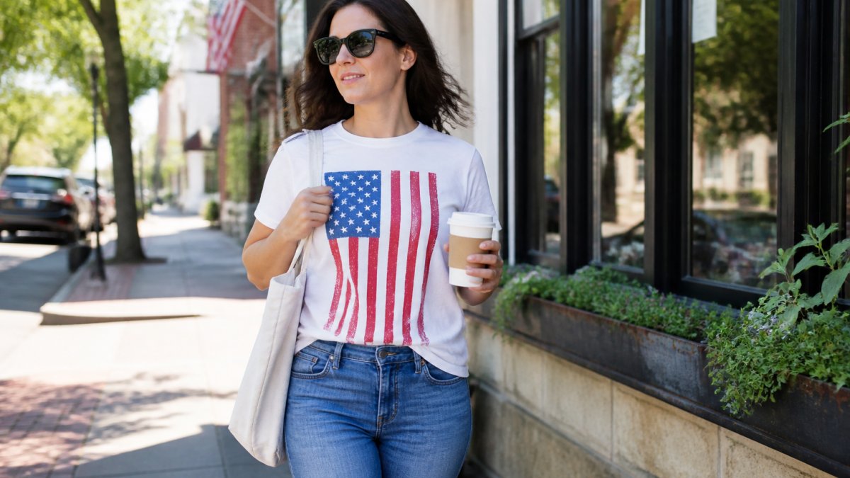 A person in a patriotic graphic tee and jeans running errands on a sunny weekend morning, holding a coffee cup and a tote bag, casual urban setting