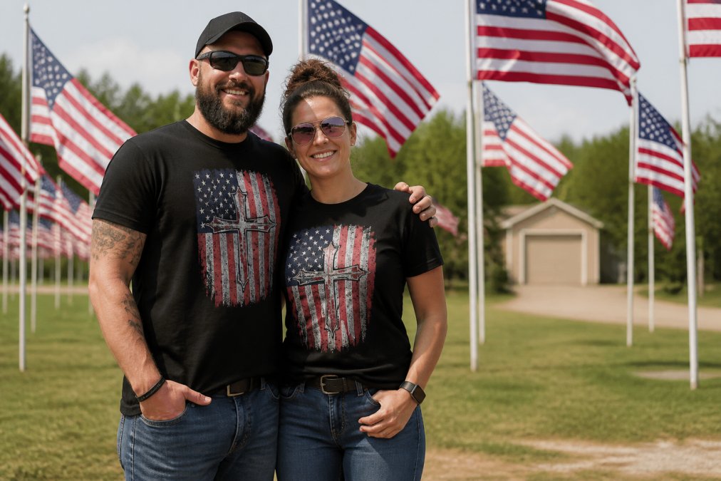 A man and a woman standing side by side outdoors, both wearing the Stand for the Flag Kneel for the Cross graphic t-shirt, smiling in front of a flag display