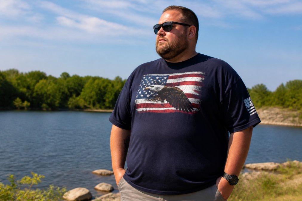 A larger man wearing a well-fitted patriotic graphic tee in a relaxed pose, showing how proper extended sizing drapes on a bigger frame without bunching or pulling, standing outdoors in natural daylight
