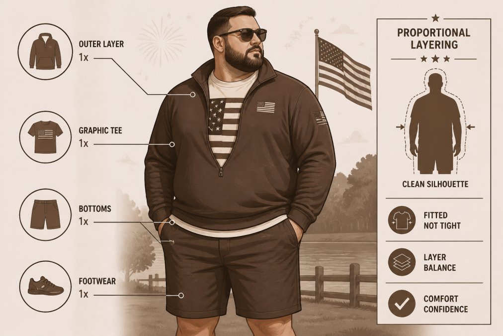 A big guy dressed in a layered patriotic outfit for Independence Day, hoodie or quarter-zip over a graphic tee, standing confidently outdoors with natural lighting, showing how proportional layering creates a sharp silhouette